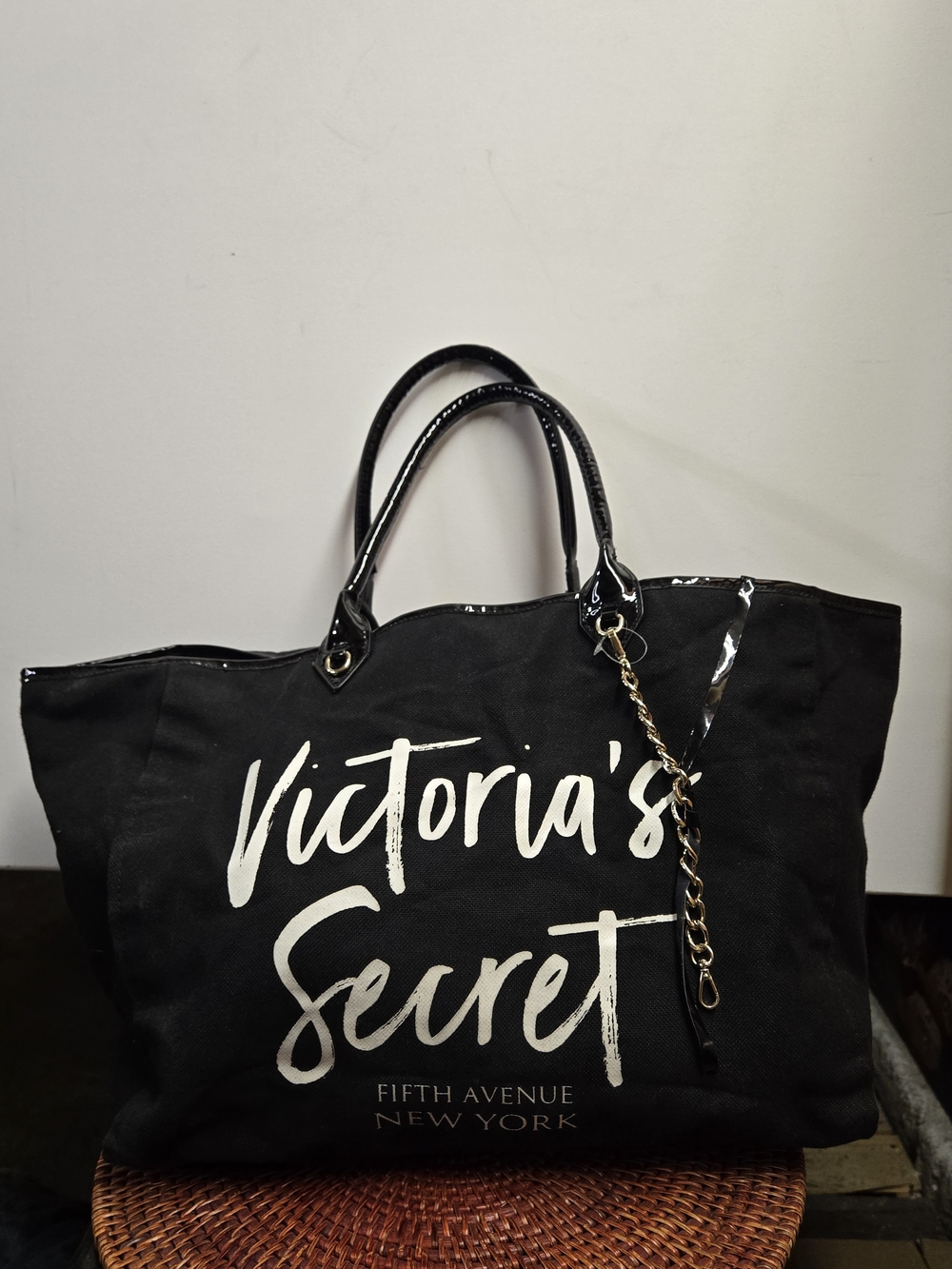 Victoria's Secret Black Canvas Tote with Chain Accent